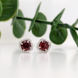 Red Garnet Stud Earrings with Cushion Diamond Halo in 14k White Gold | Rhodolite Earrings