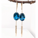 London Blue Topaz Dangle Earrings w Earth Mined Diamonds in Solid 14K Gold | Oval 16x12mm