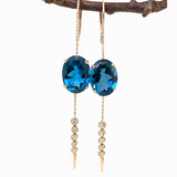 London Blue Topaz Dangle Earrings w Earth Mined Diamonds in Solid 14K Gold | Oval 16x12mm