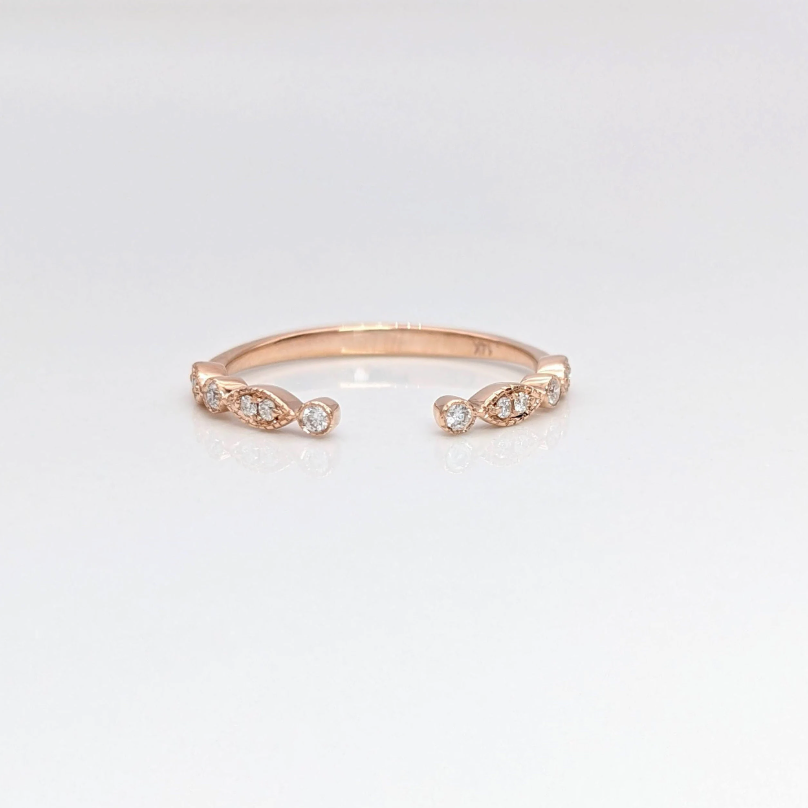 Stackable Open Band in Solid 14K White, Yellow or Rose Gold with Diamond Accents and Milgrain Detail | Free Sizing | Custom Available