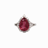Pear Shaped Pink Tourmaline W a Mixed Baguette and Round Diamond Halo Ring in 14K White Gold | Pear