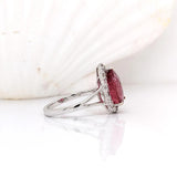 Pear Shaped Pink Tourmaline W a Mixed Baguette and Round Diamond Halo Ring in 14K White Gold | Pear