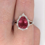 Pear Shaped Pink Tourmaline W a Mixed Baguette and Round Diamond Halo Ring in 14K White Gold | Pear