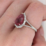 Pear Shaped Pink Tourmaline W a Mixed Baguette and Round Diamond Halo Ring in 14K White Gold | Pear