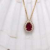 Beautiful Ruby Pendant w Natural Earth Mined Diamond Halo in 14K Solid Gold | Pear Shape 7x5mm | Customizable