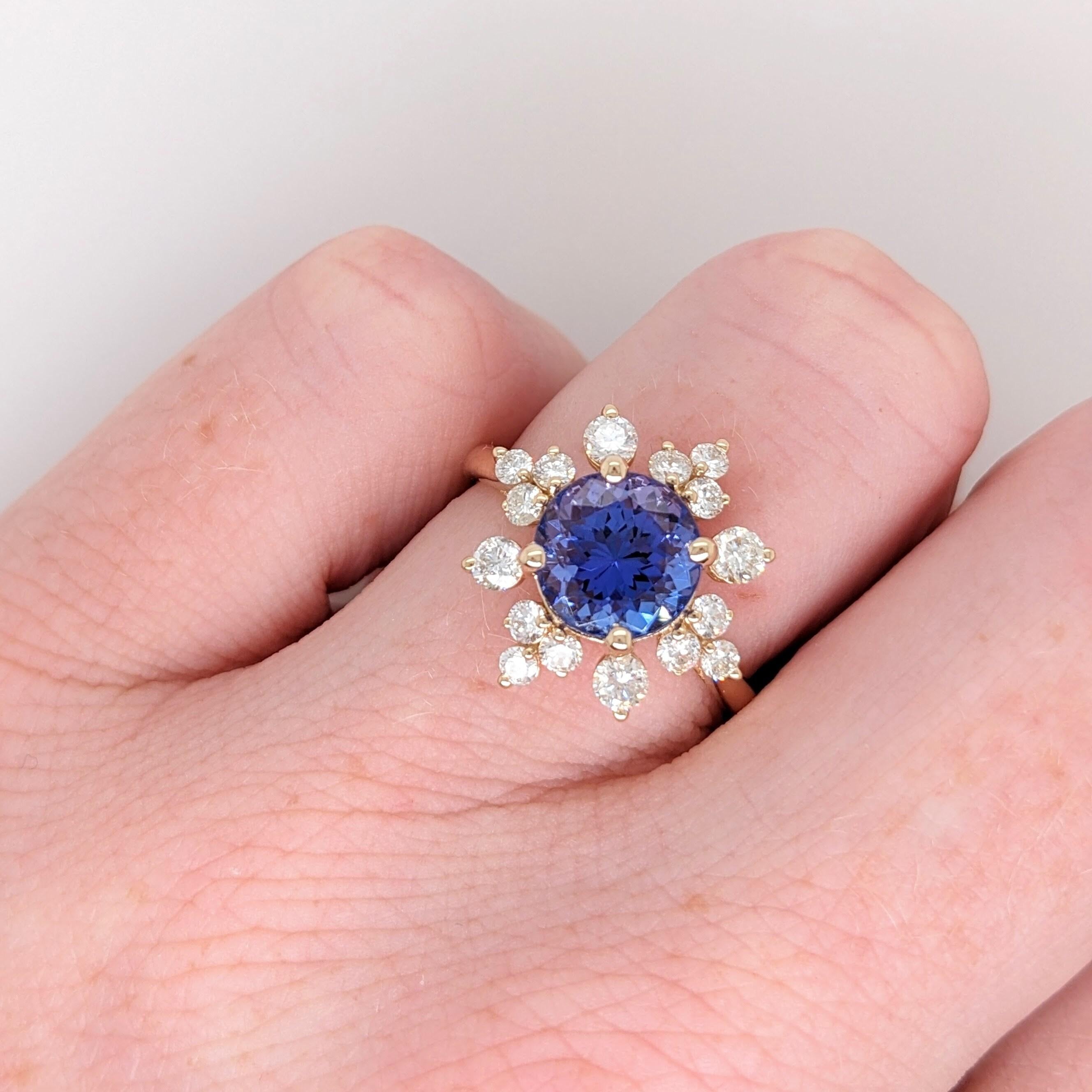 2.3ct Tanzanite Ring w Earth Mined Diamonds in Solid 14k Yellow Gold Round 8.3mm