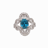 Delphina | 4.6ct Blue Zircon & Diamond Ring in 14K White Gold – Oval 9.5×7.5mm – Celtic Knot Inspired