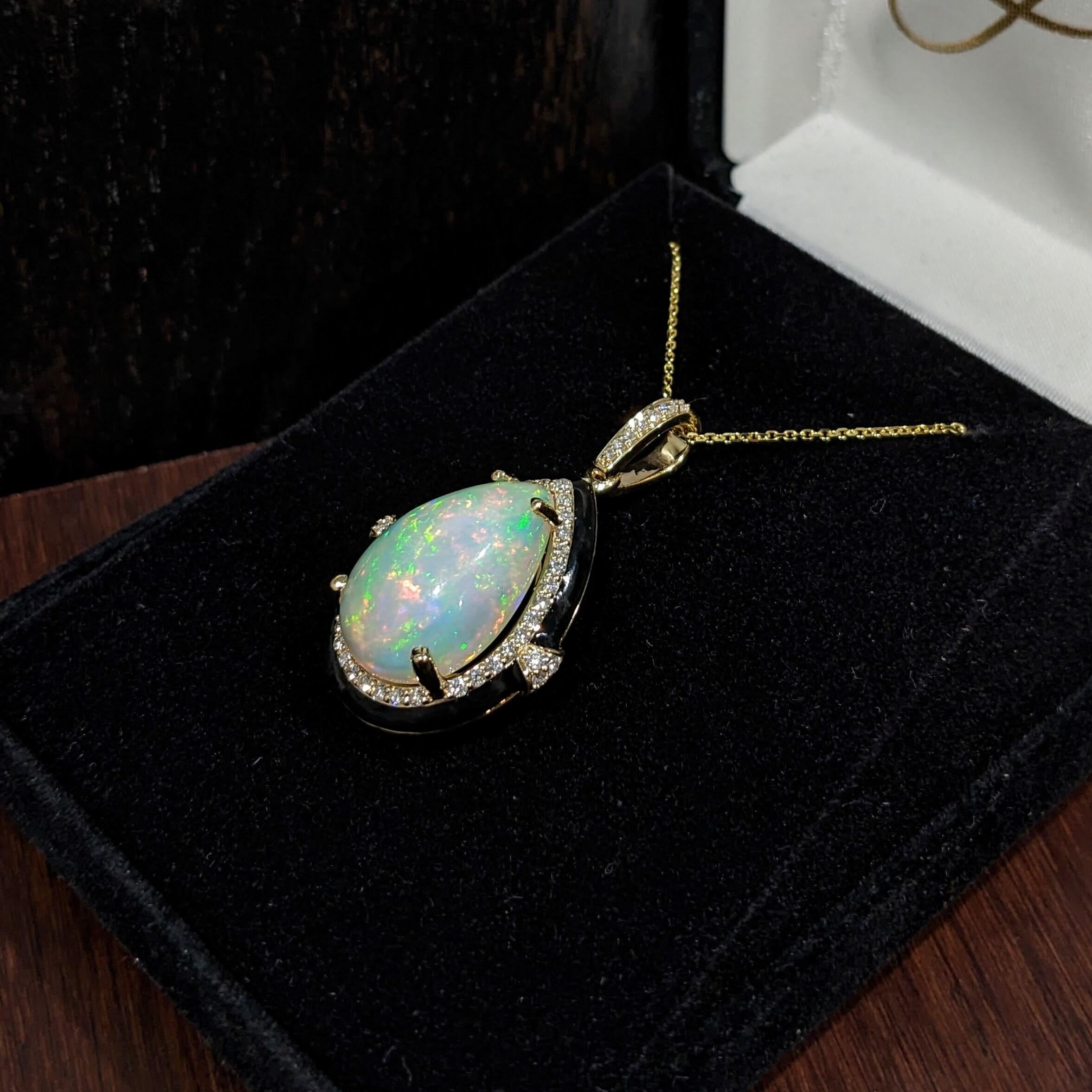 6.8ct Opal Pendant w Earth Mined Diamonds & Black Enamel in 14K Gold Pear 19x13