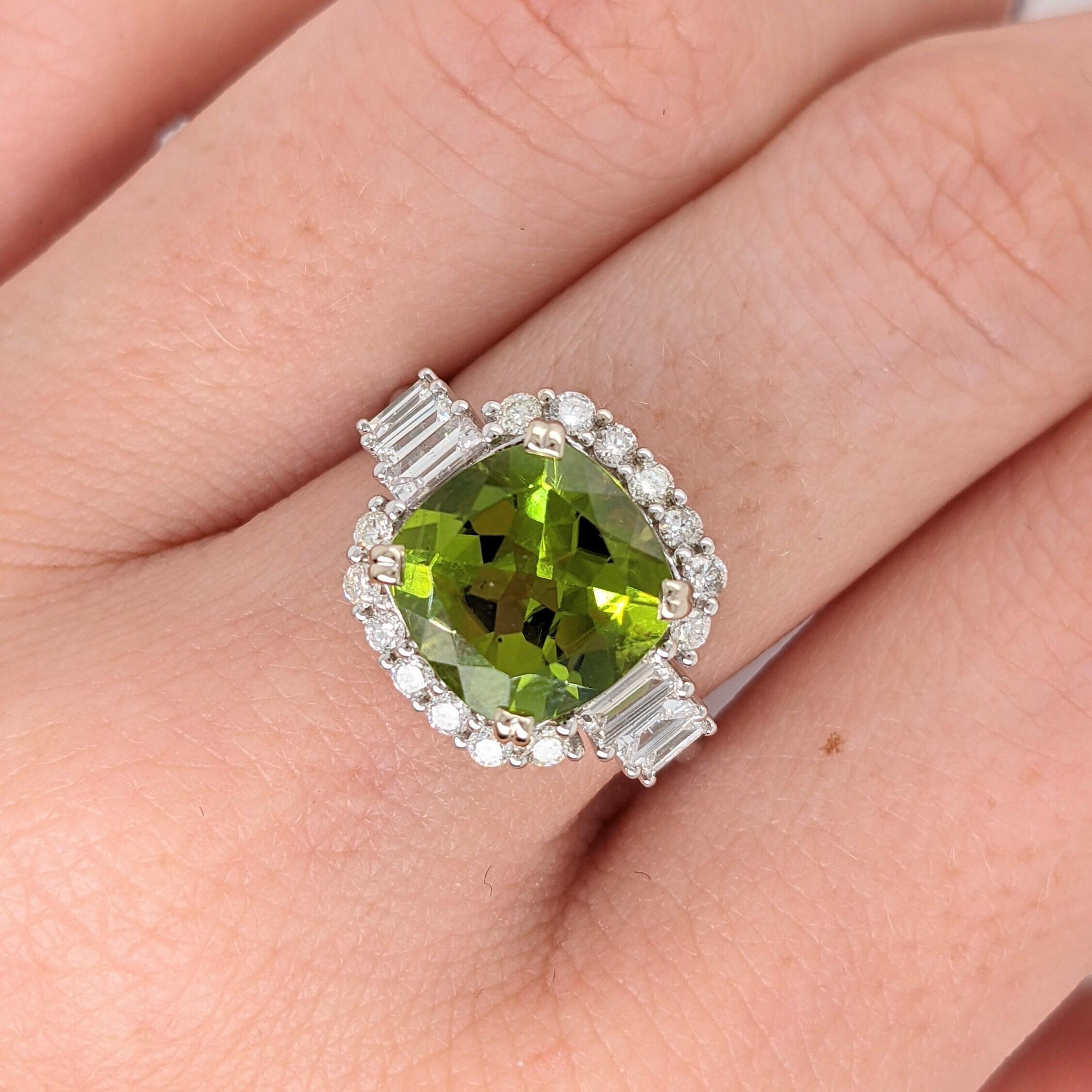 4.5ct Peridot Ring w Earth Mined Diamonds in Solid 14K Gold Cushion 10mm
