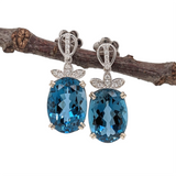 London Blue Topaz Drop Earrings w Earth Mined Diamonds in Solid 14K White Gold | Oval 14x10mm | December Birthstone