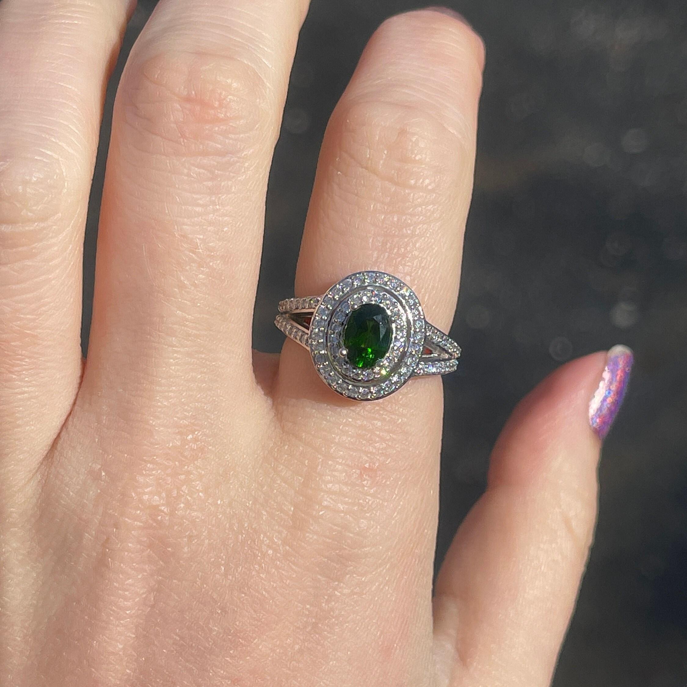 Stunning Chrome Diopside Ring w Earth Mined Diamonds in Solid 14K Gold OV 7x5