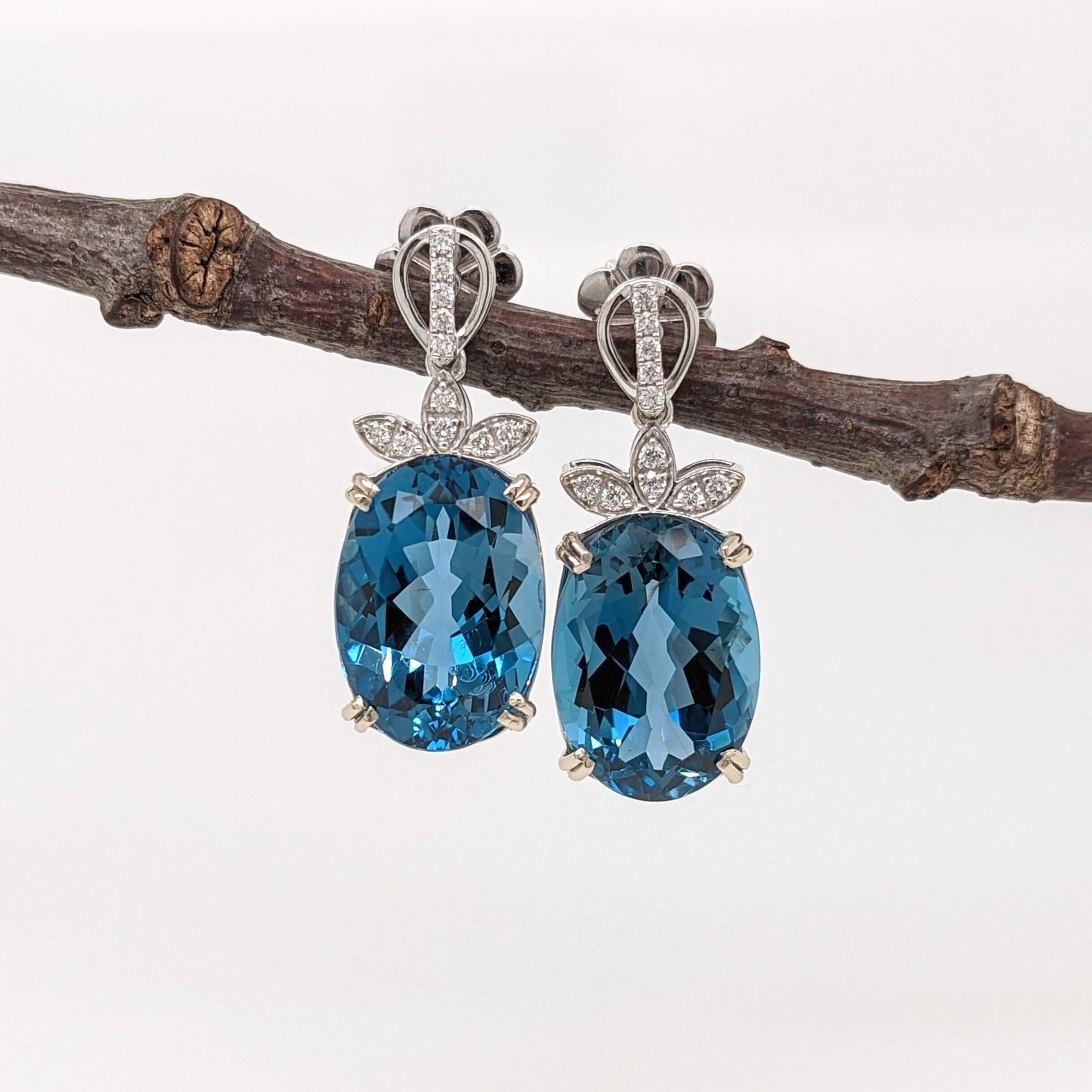 London Blue Topaz Drop Earrings w Earth Mined Diamonds in Solid 14K Gold 14x10mm