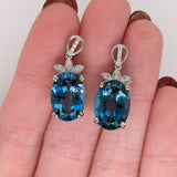 London Blue Topaz Drop Earrings w Earth Mined Diamonds in Solid 14K Gold 14x10mm