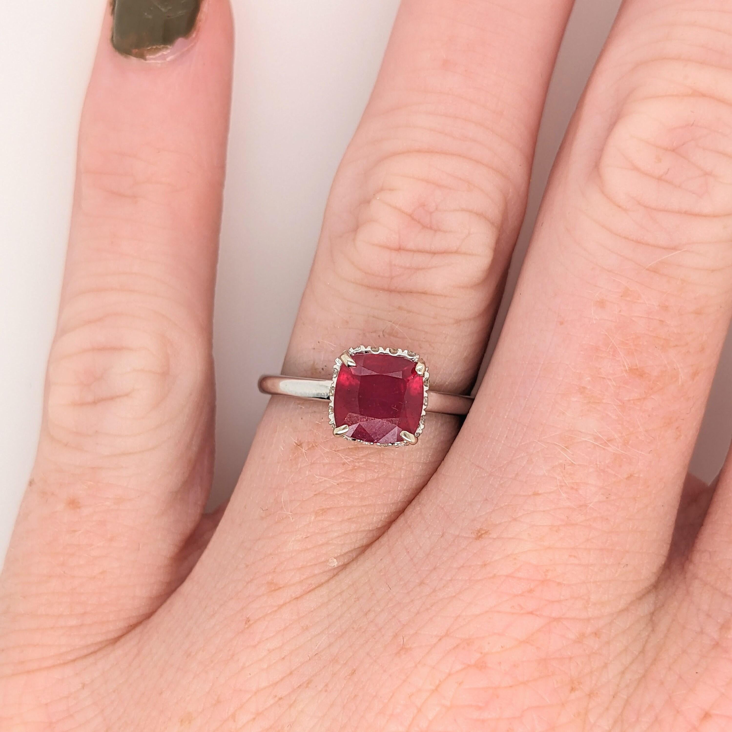 1.7ct Stunning Ruby Ring w Earth Mined Diamonds in Solid 14K Gold Cushion 7mm