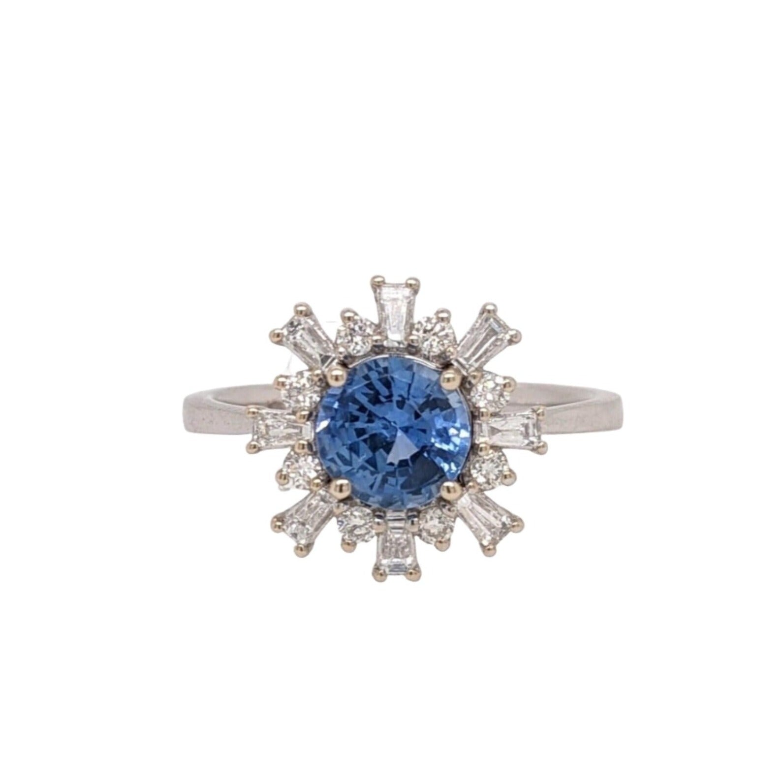 Sunburst Sapphire Ring w Earth Mined Diamonds in Solid 14k White Gold Round 6mm