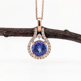 1.6ct Tanzanite Pendant w Earth Mined Diamonds in Solid 14K Rose Gold Round 8mm
