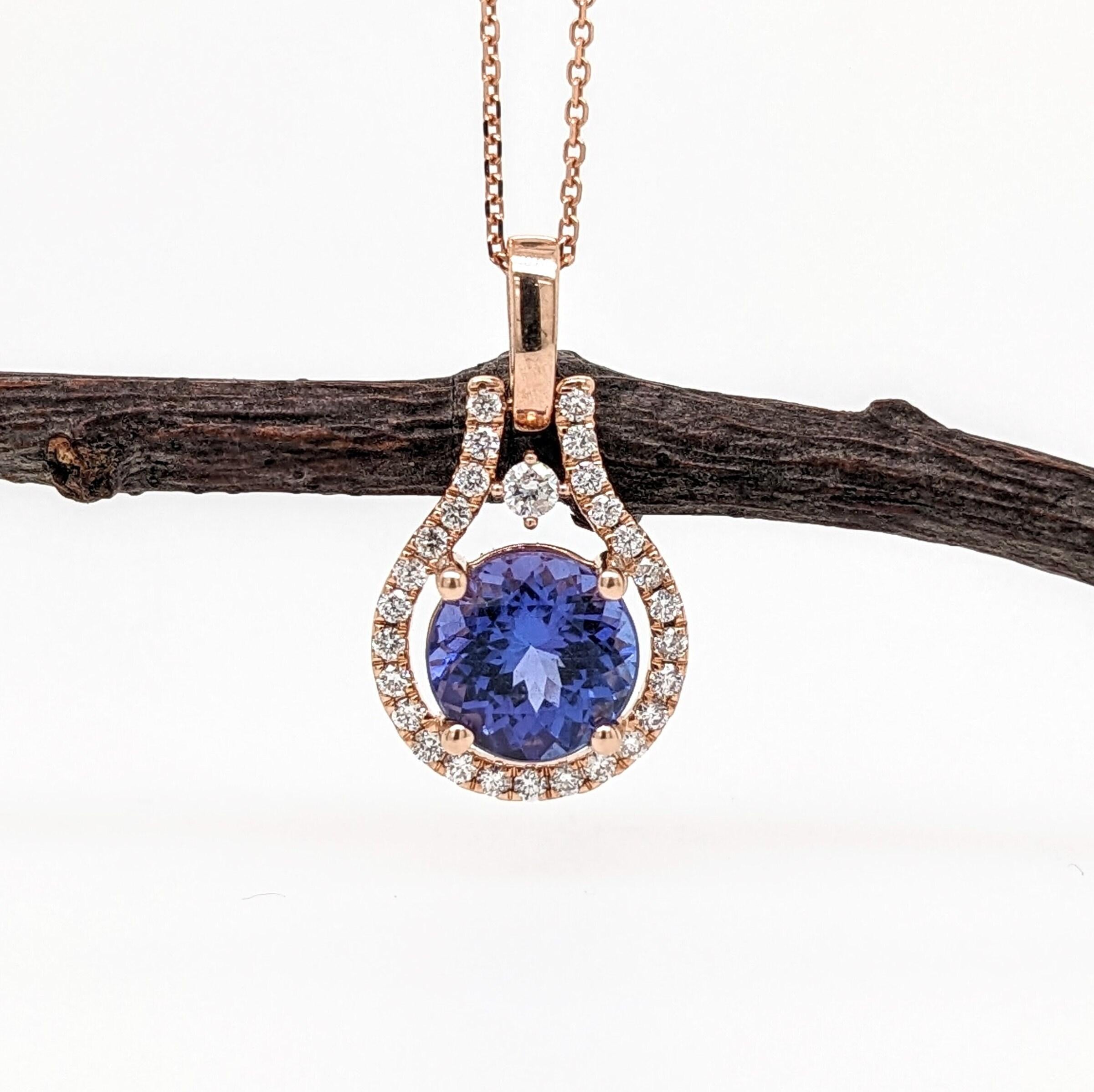 1.6ct Tanzanite Pendant w Earth Mined Diamonds in Solid 14K Rose Gold Round 8mm
