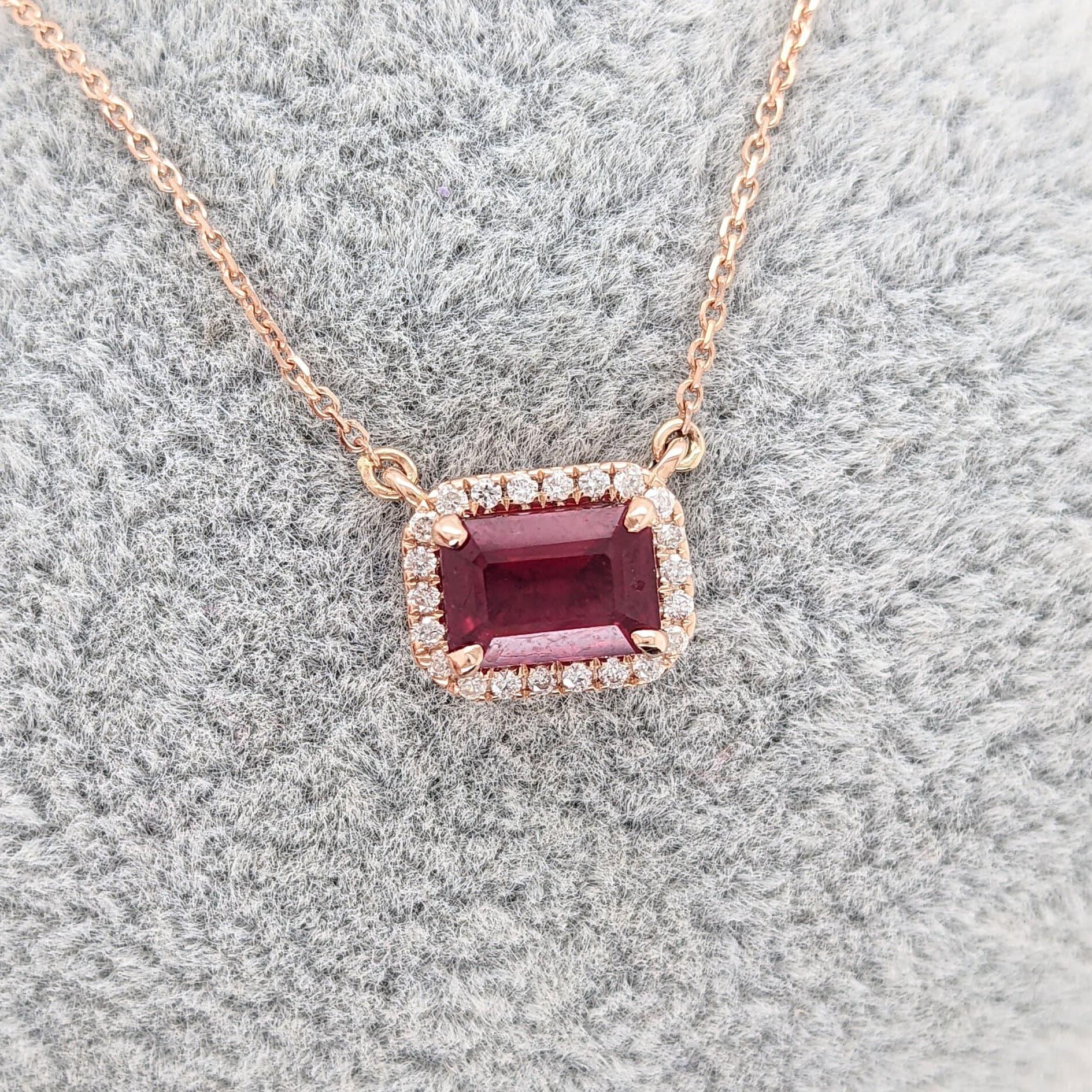 Timeless Ruby Necklace w Earth Mined Diamonds in Solid 14K Rose Gold EM Cut 7x5