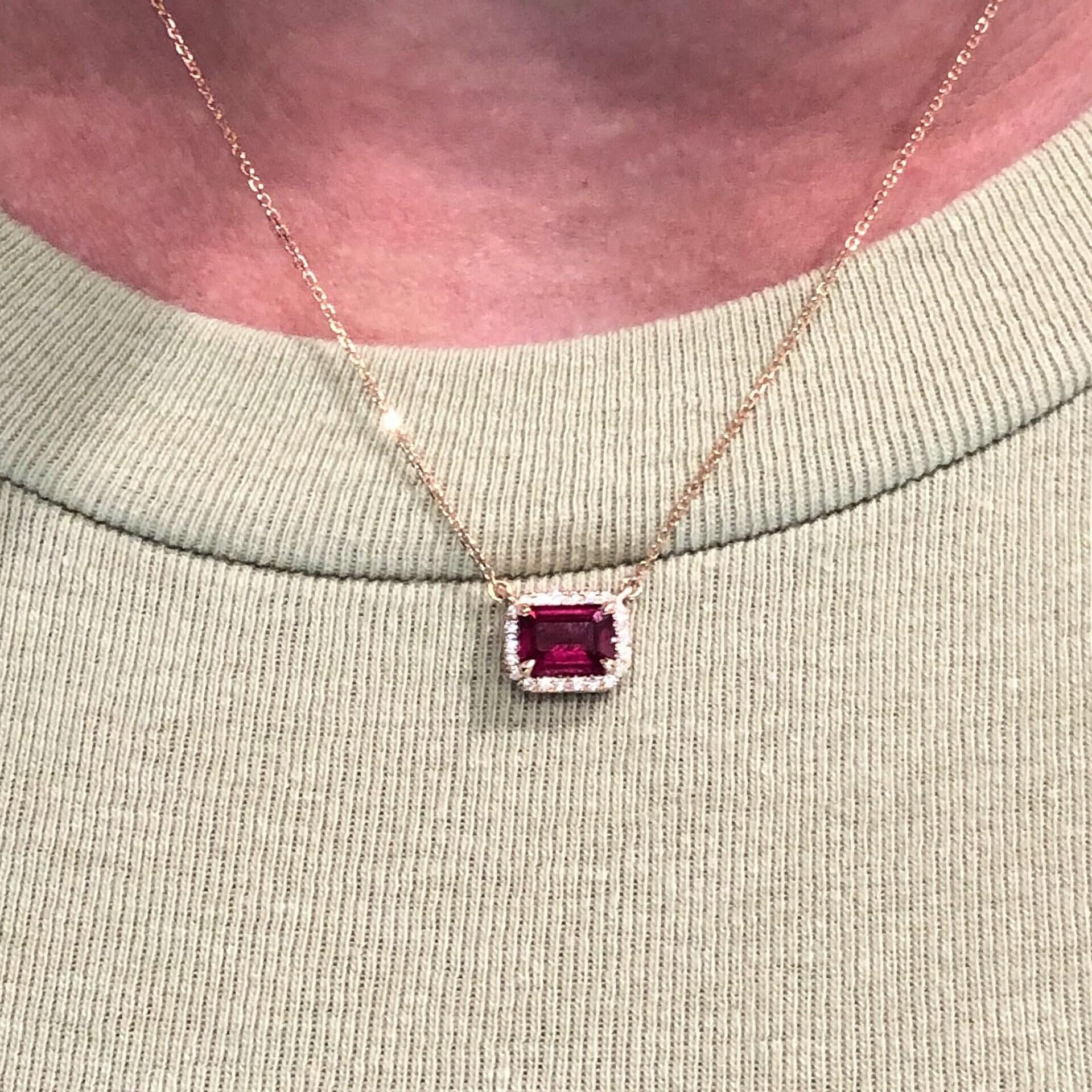 Timeless Ruby Necklace w Earth Mined Diamonds in Solid 14K Rose Gold EM Cut 7x5