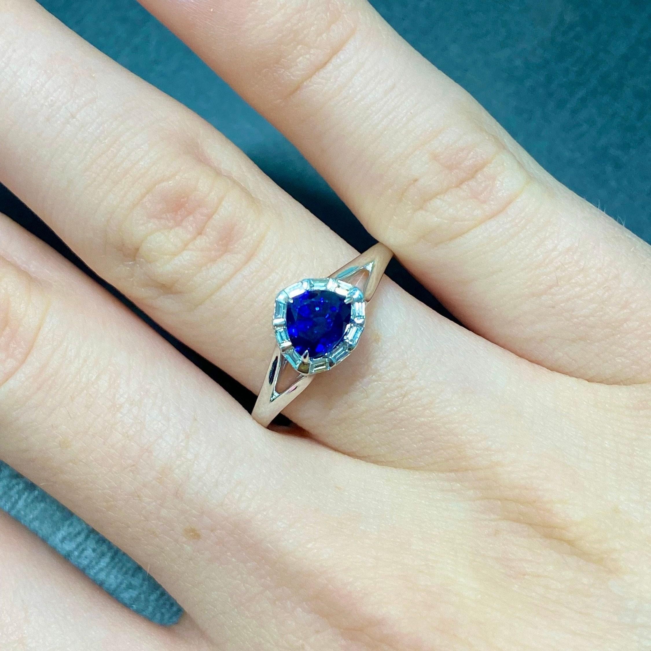 1.3ct Sapphire Ring w Earth Mined Diamonds in Solid 14k White Gold Trillion 5x6
