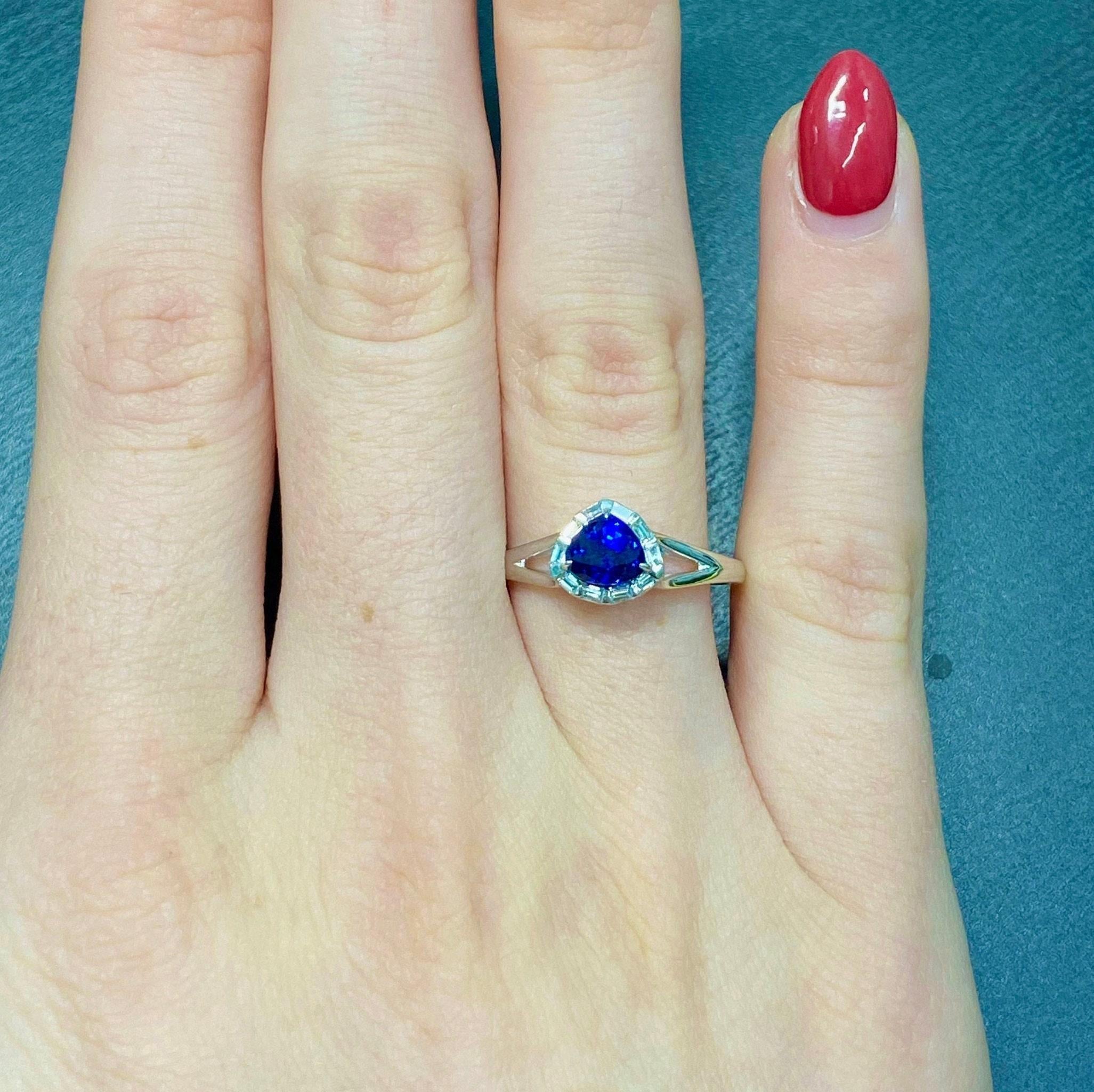 1.3ct Sapphire Ring w Earth Mined Diamonds in Solid 14k White Gold Trillion 5x6