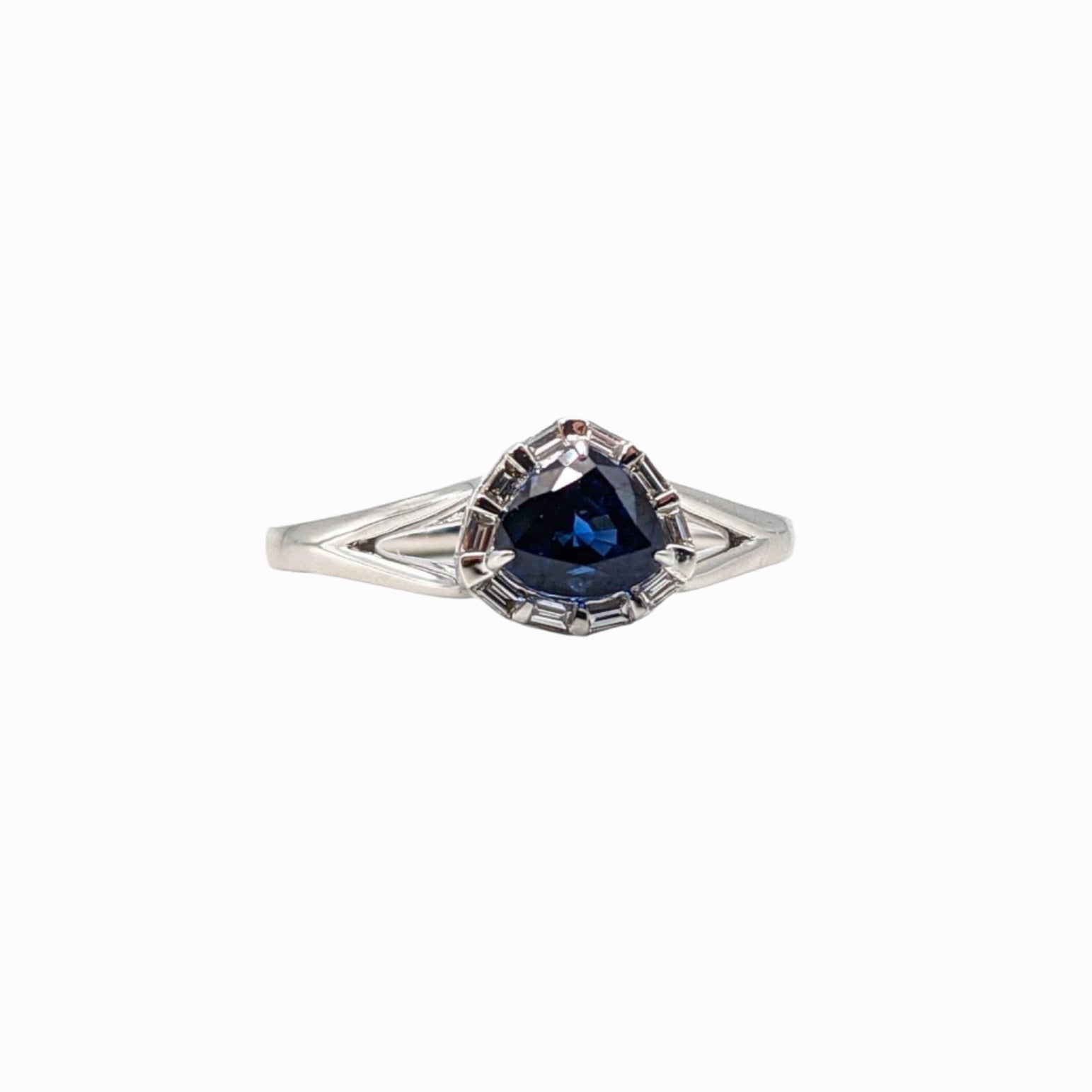 1.3ct Sapphire Ring w Earth Mined Diamonds in Solid 14k White Gold Trillion 5x6