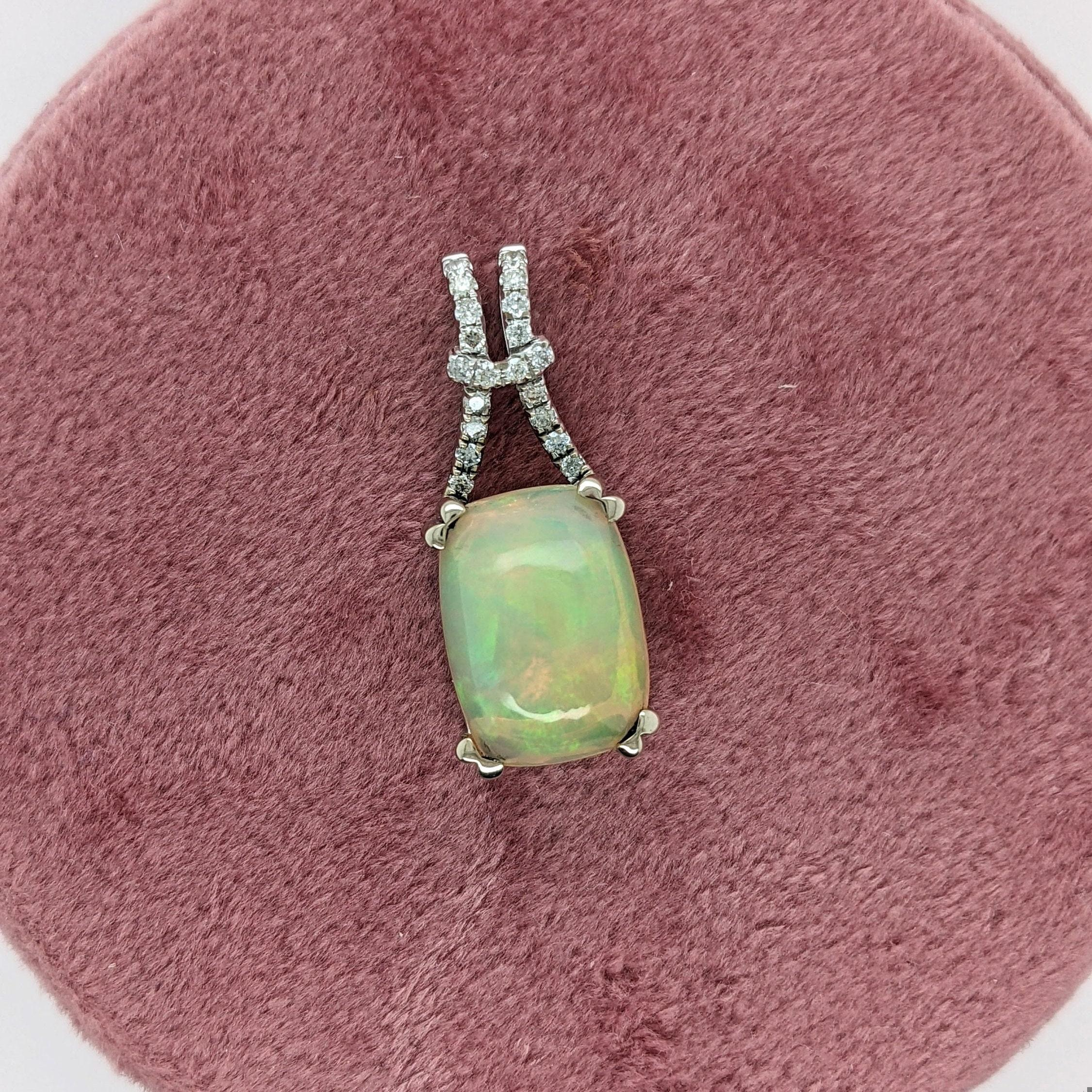 4.82ct Opal Pendant w Earth Mined Diamonds in Solid 14K White Gold Cushion 14x10