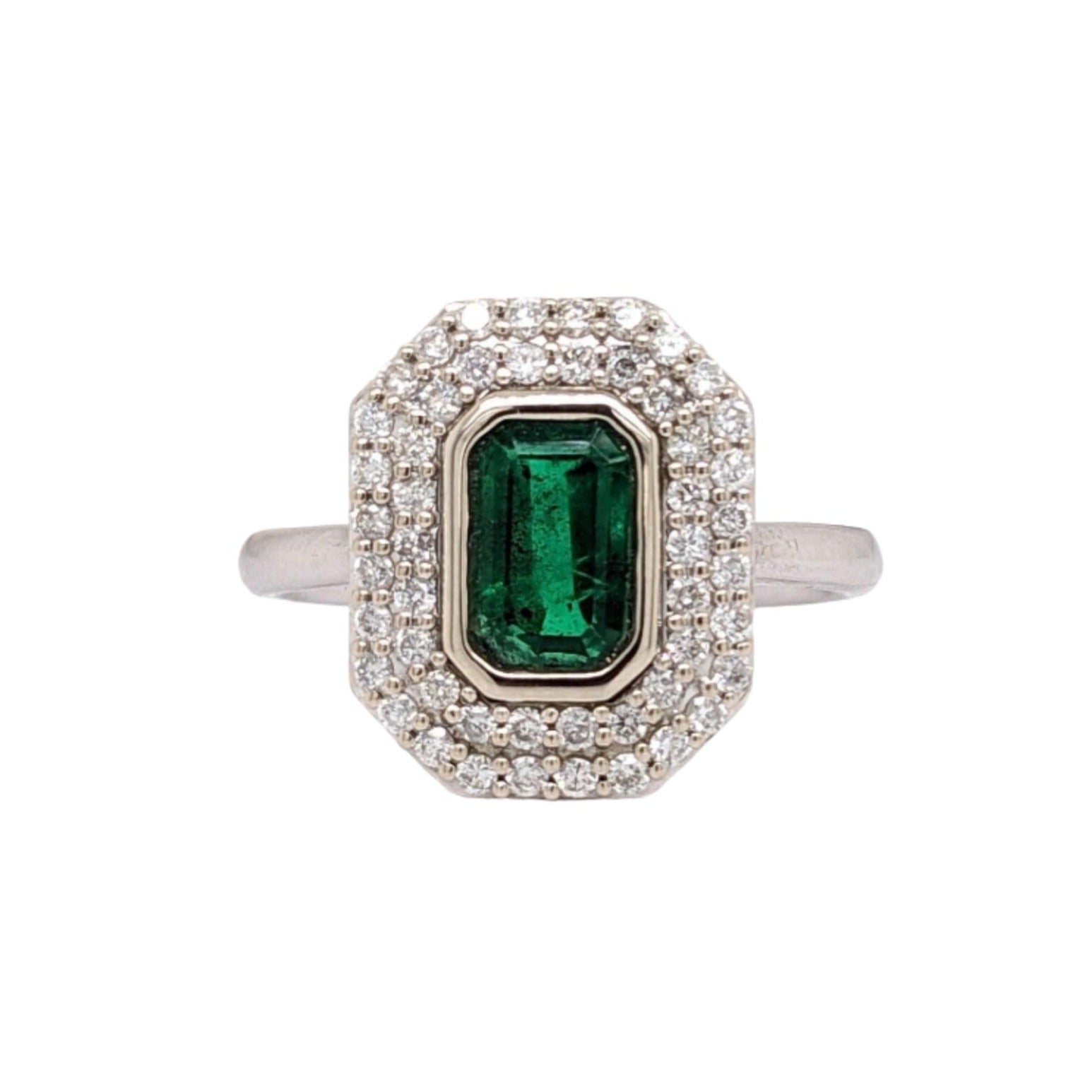 Zambian Emerald Ring w Earth Mined Diamonds in Solid 14k White Gold EM 7x5mm