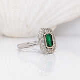Zambian Emerald Ring w Earth Mined Diamonds in Solid 14k White Gold | Emerald cut 7x5mm | May Birthstone