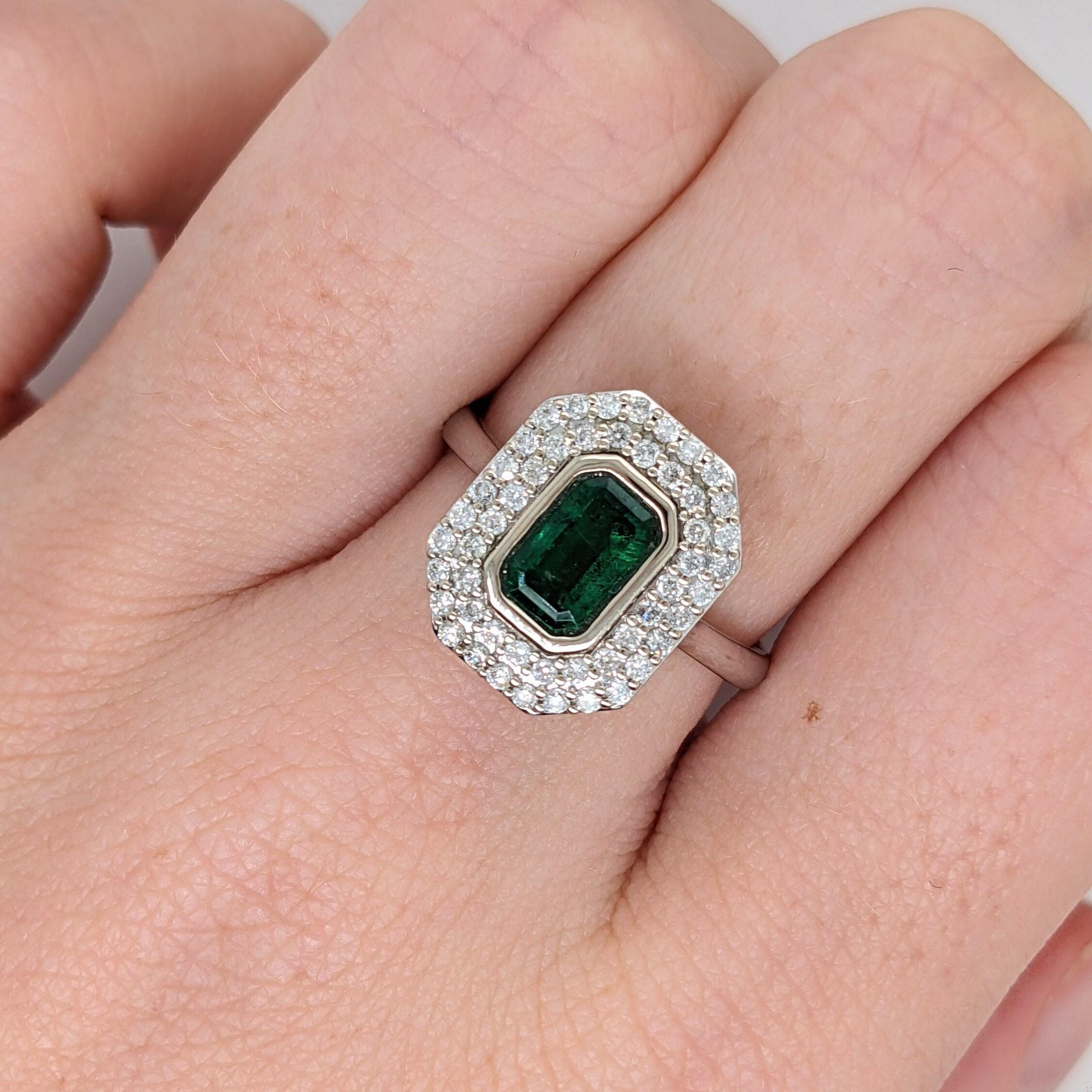 Zambian Emerald Ring w Earth Mined Diamonds in Solid 14k White Gold EM 7x5mm