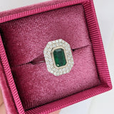 Zambian Emerald Ring w Earth Mined Diamonds in Solid 14k White Gold | Emerald cut 7x5mm | May Birthstone