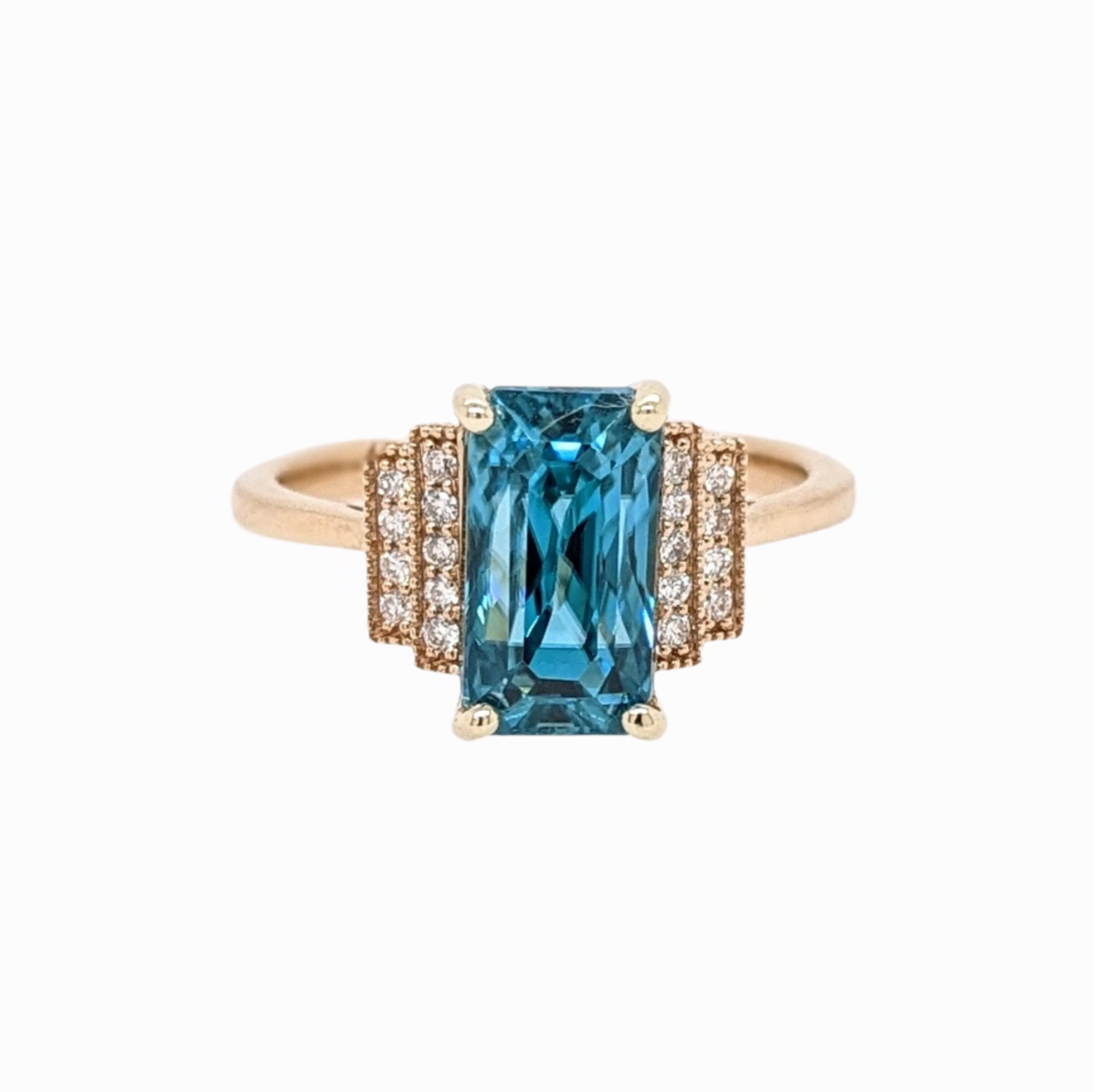 5.5ct Vibrant Blue Zircon Ring w Earth Mined Diamonds in Solid 14K Gold EM 10x6