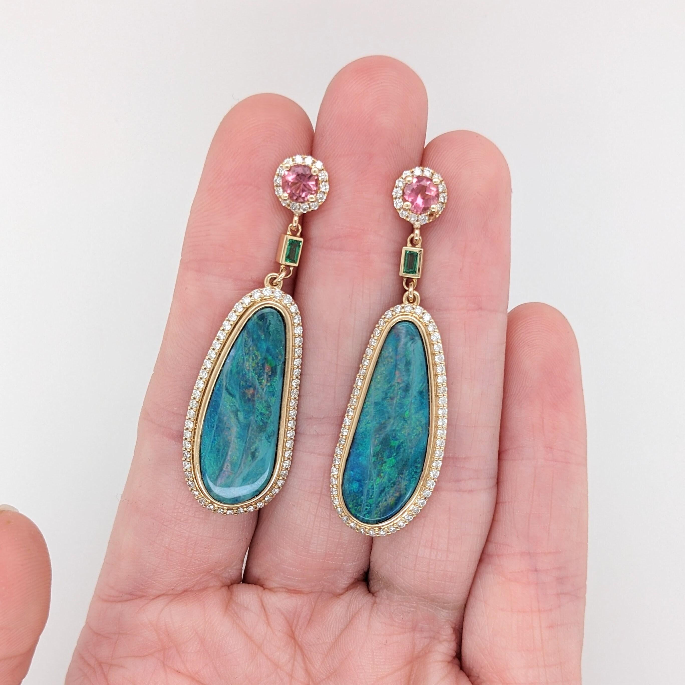 Boulder Opal Drop Earrings w Earth Mined Diamonds, Emeralds in Solid 14K Gold