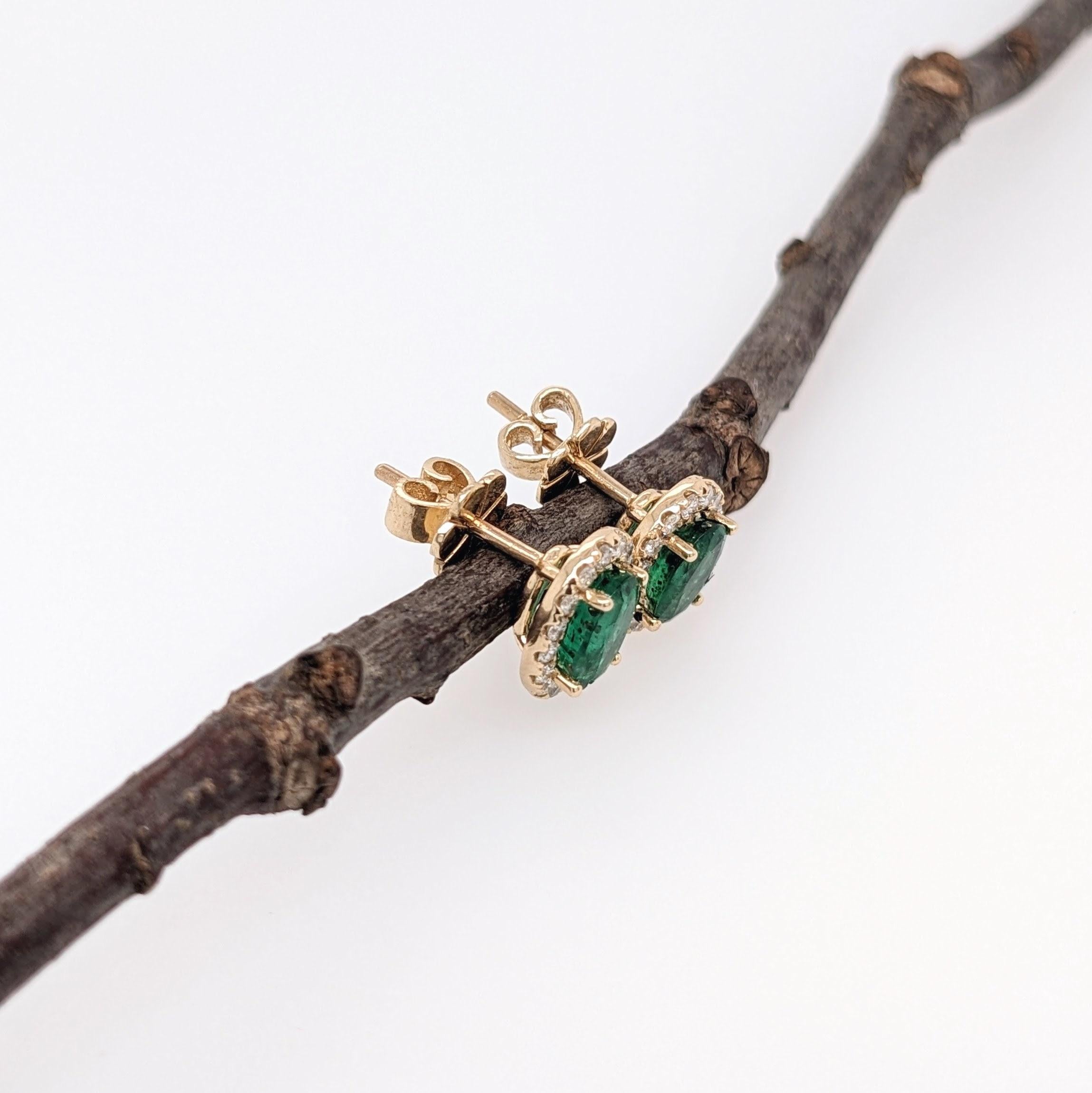 Emerald Stud Earrings w Earth Mined Diamonds in Solid 14K Yellow Gold Oval 7x5mm