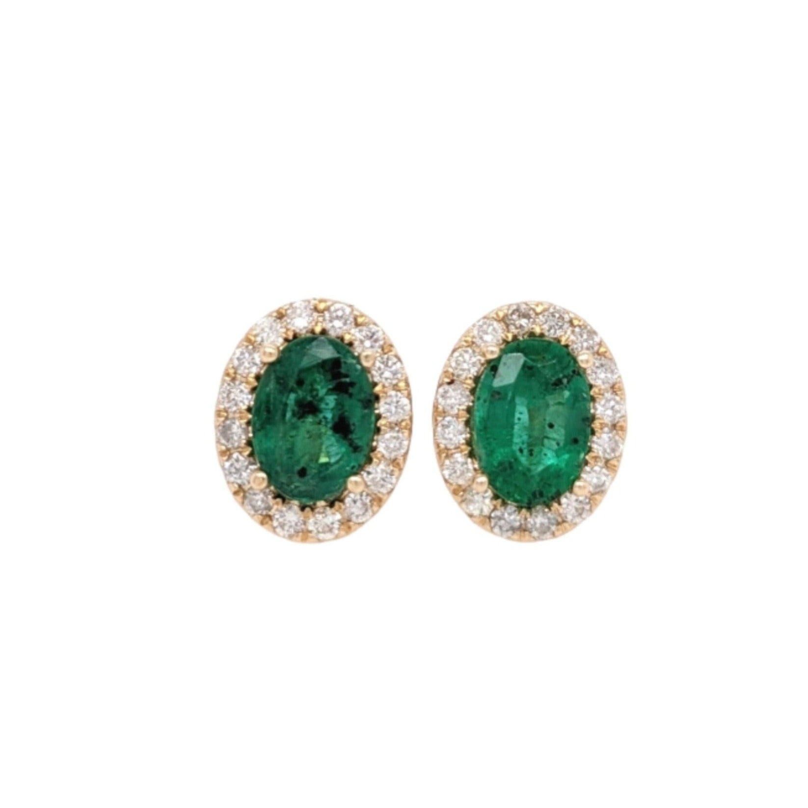 Emerald Stud Earrings w Earth Mined Diamonds in Solid 14K Yellow Gold Oval 7x5mm