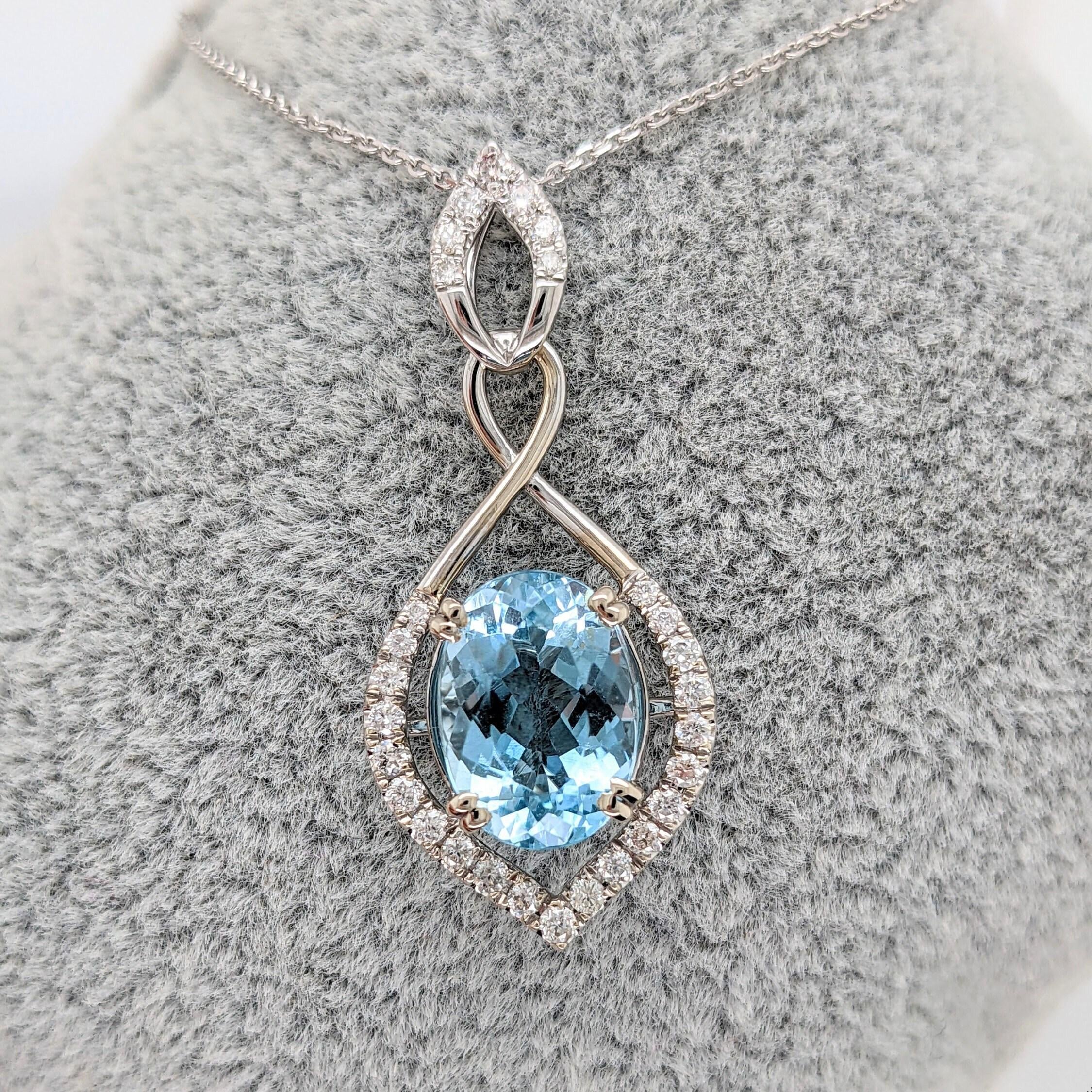 3ct Aquamarine Pendant w Natural Diamonds in Solid 14K White Gold Oval 11x9mm