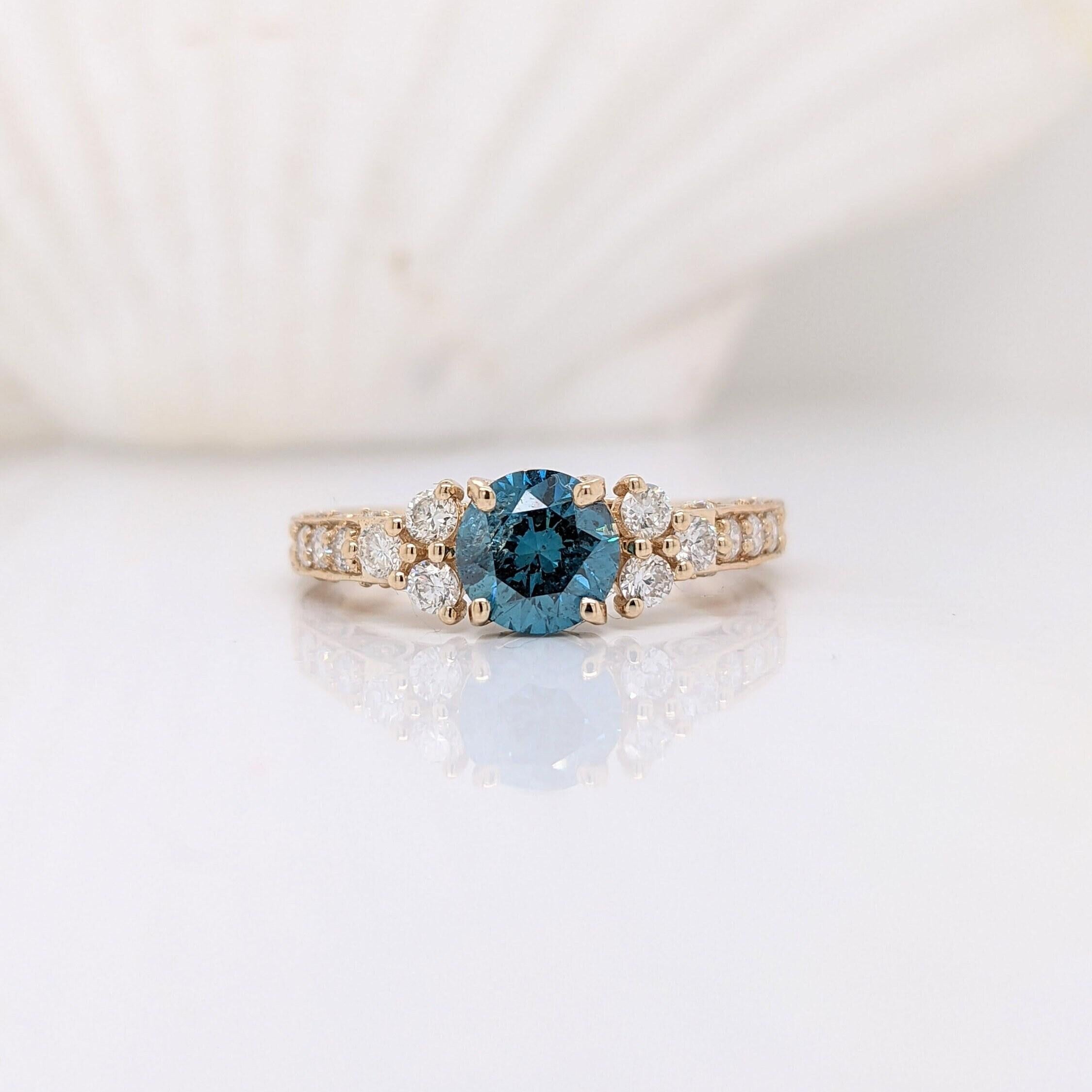 Vintage Inspired Blue Diamond Ring in Solid 14K Gold Round 6mm Textured Shank