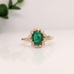 Vintage Inspired Emerald Ring w Earth Mined Diamonds in Solid 14K Gold Oval 8x6