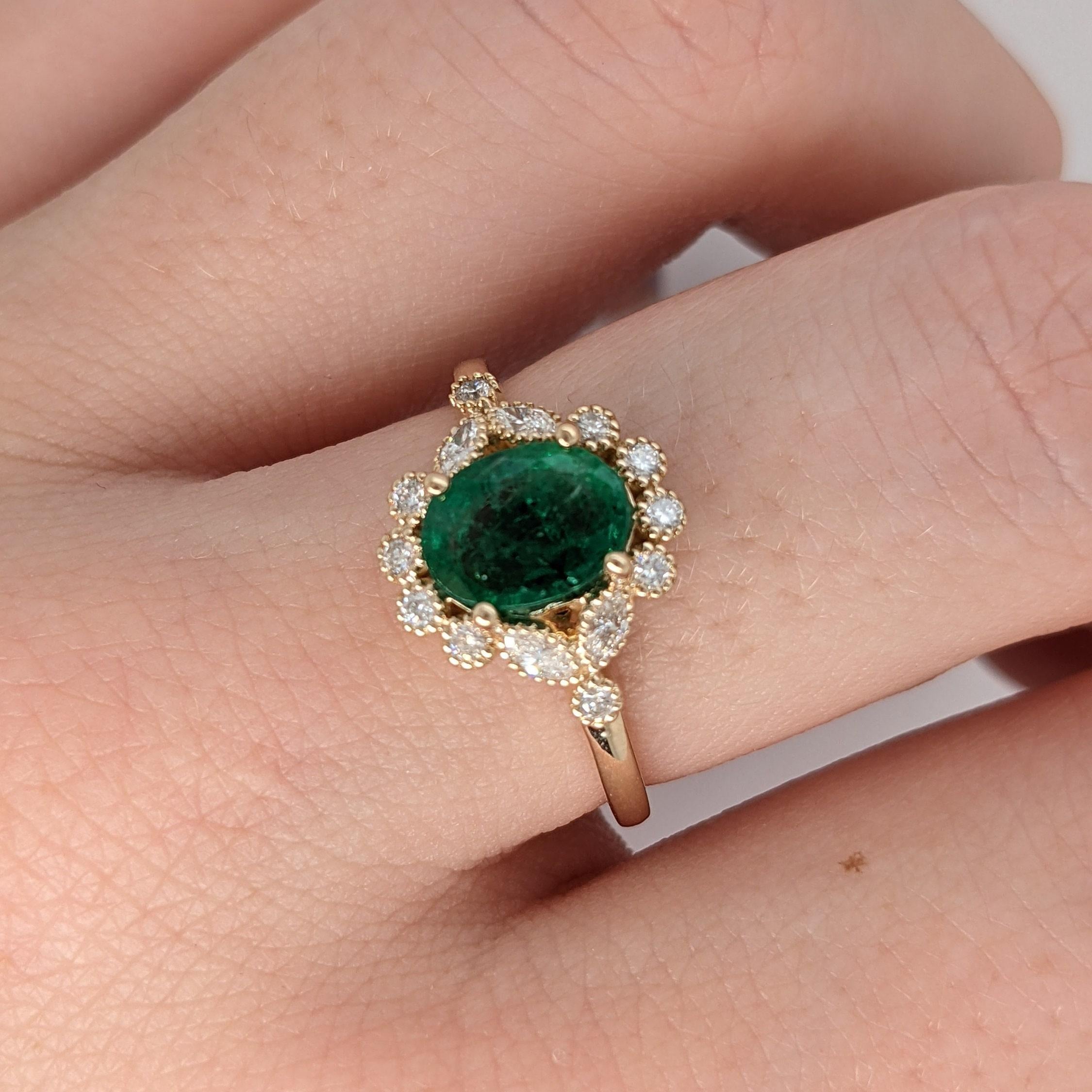 Vintage Inspired Emerald Ring w Earth Mined Diamonds in Solid 14K Gold Oval 8x6