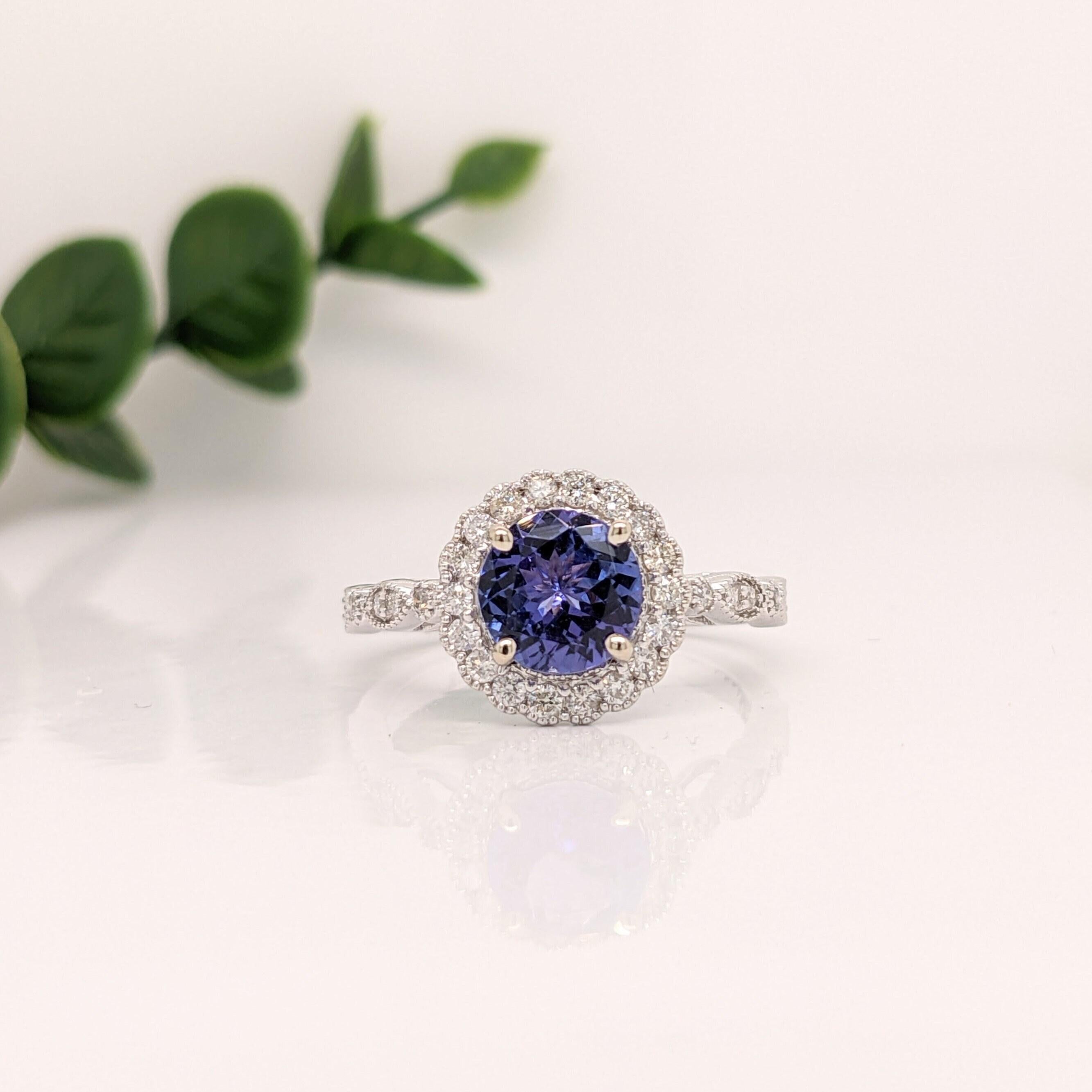 Tanzanite Ring w Earth Mined Diamonds & Milgrain Detail in Solid 14K White Gold