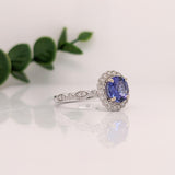 Tanzanite Ring w Earth Mined Diamonds & Milgrain Detail in Solid 14K White Gold