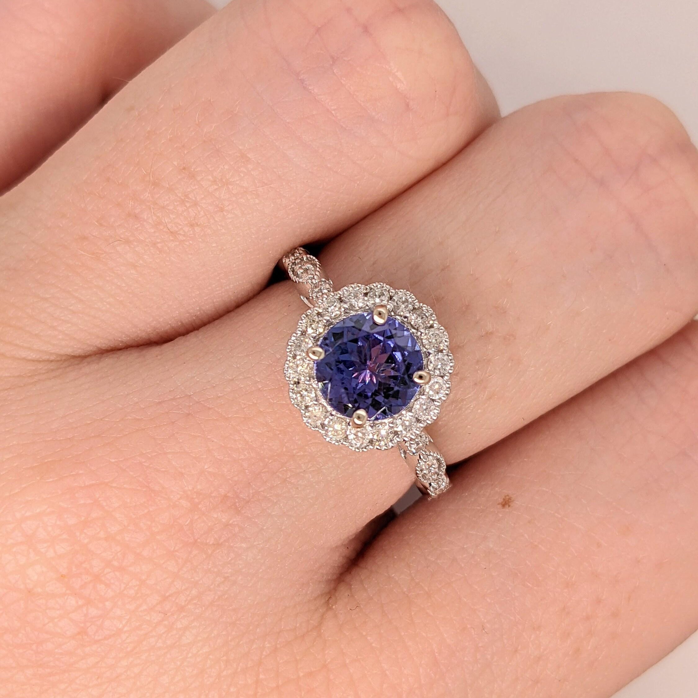 Tanzanite Ring w Earth Mined Diamonds & Milgrain Detail in Solid 14K White Gold