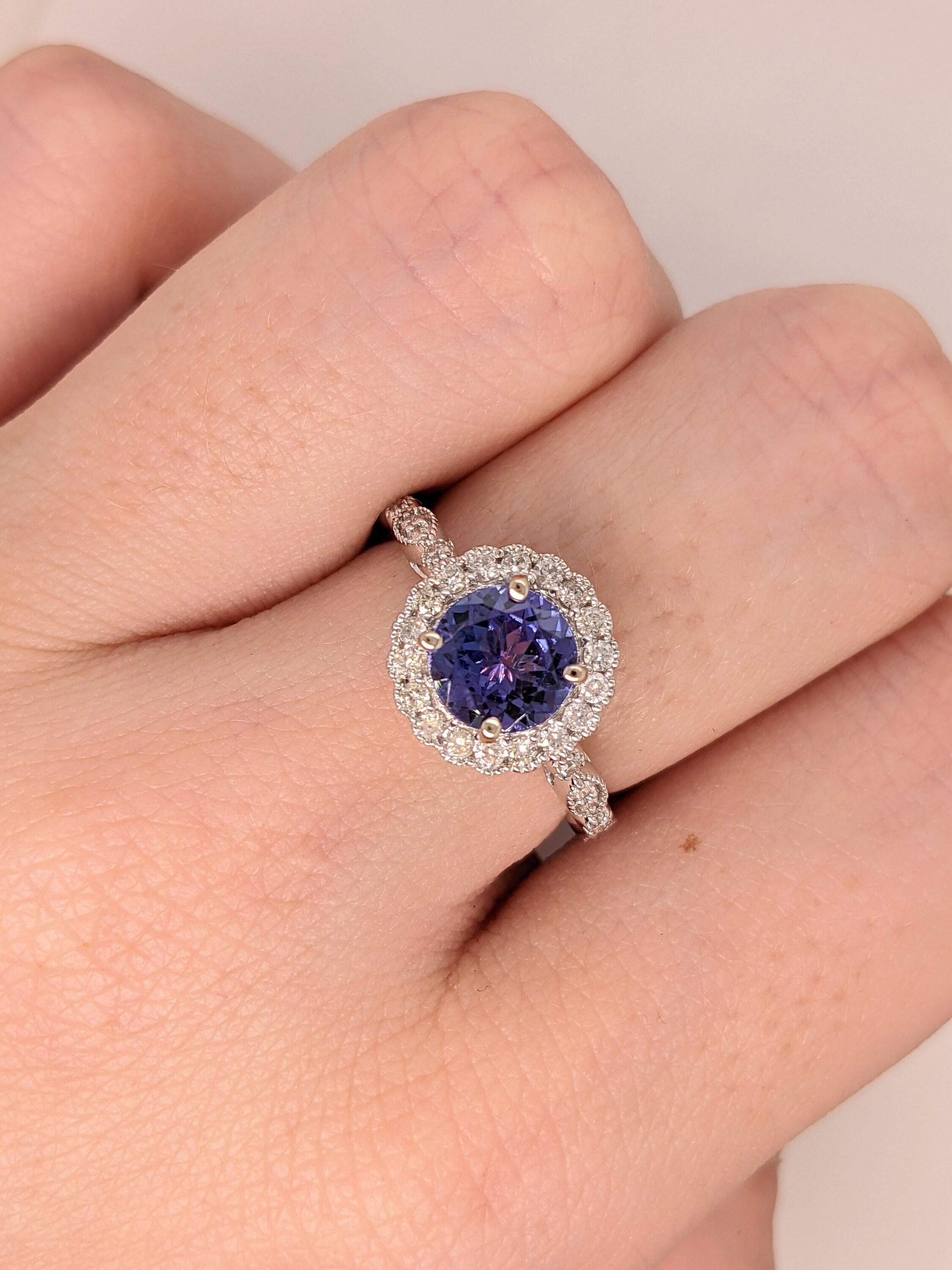 Tanzanite Ring w Earth Mined Diamonds & Milgrain Detail in Solid 14K White Gold