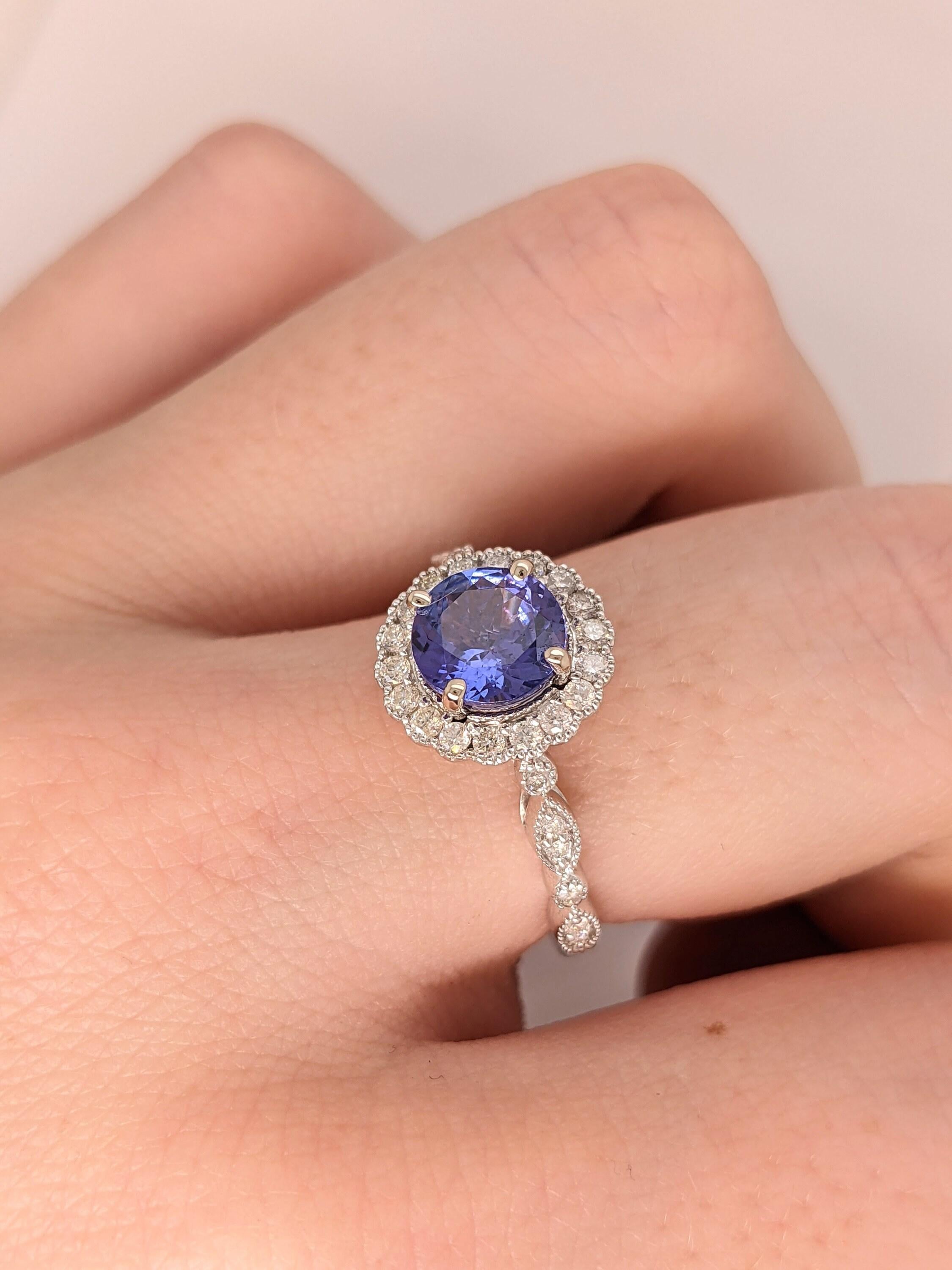 Tanzanite Ring w Earth Mined Diamonds & Milgrain Detail in Solid 14K White Gold