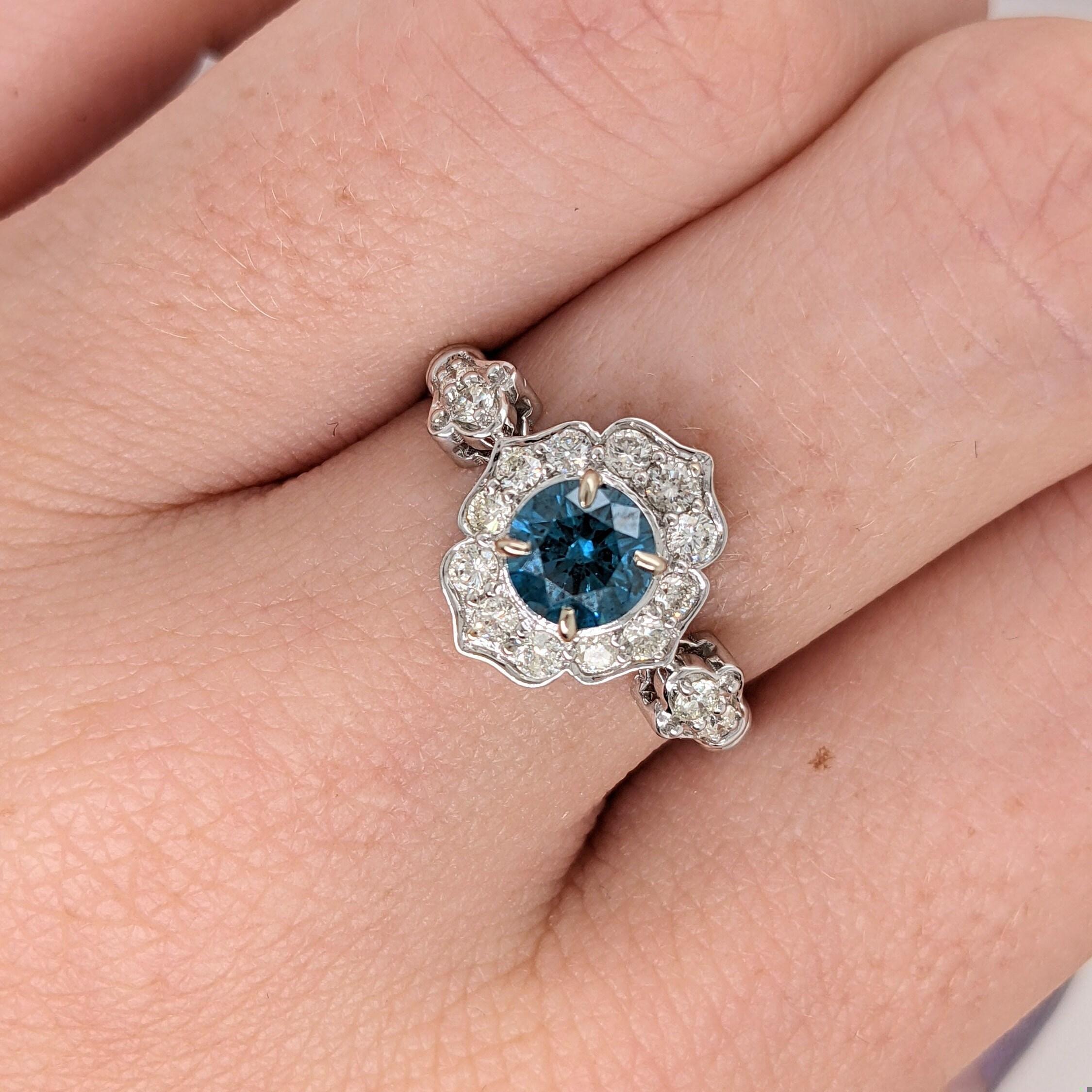 Vintage Style Blue Diamond Ring in Solid 14K White Gold | Earth Mined Diamonds