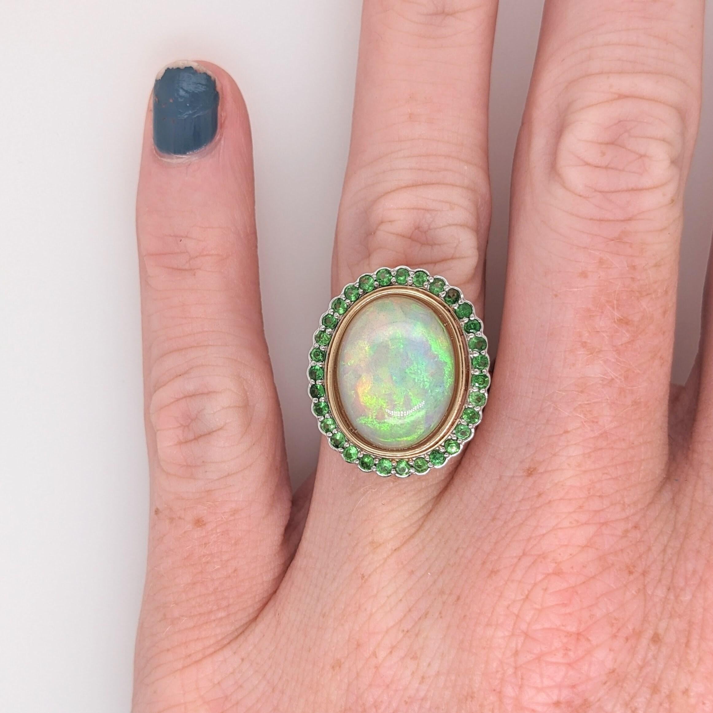 6ct Vintage Style Opal Ring w Green Tsavorites in Solid 14K Dual Gold Oval 8x6mm