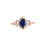 Blue Ceylon Sapphire Ring w Earth Mined Diamond in Solid 14k Rose Gold Pear 6x4