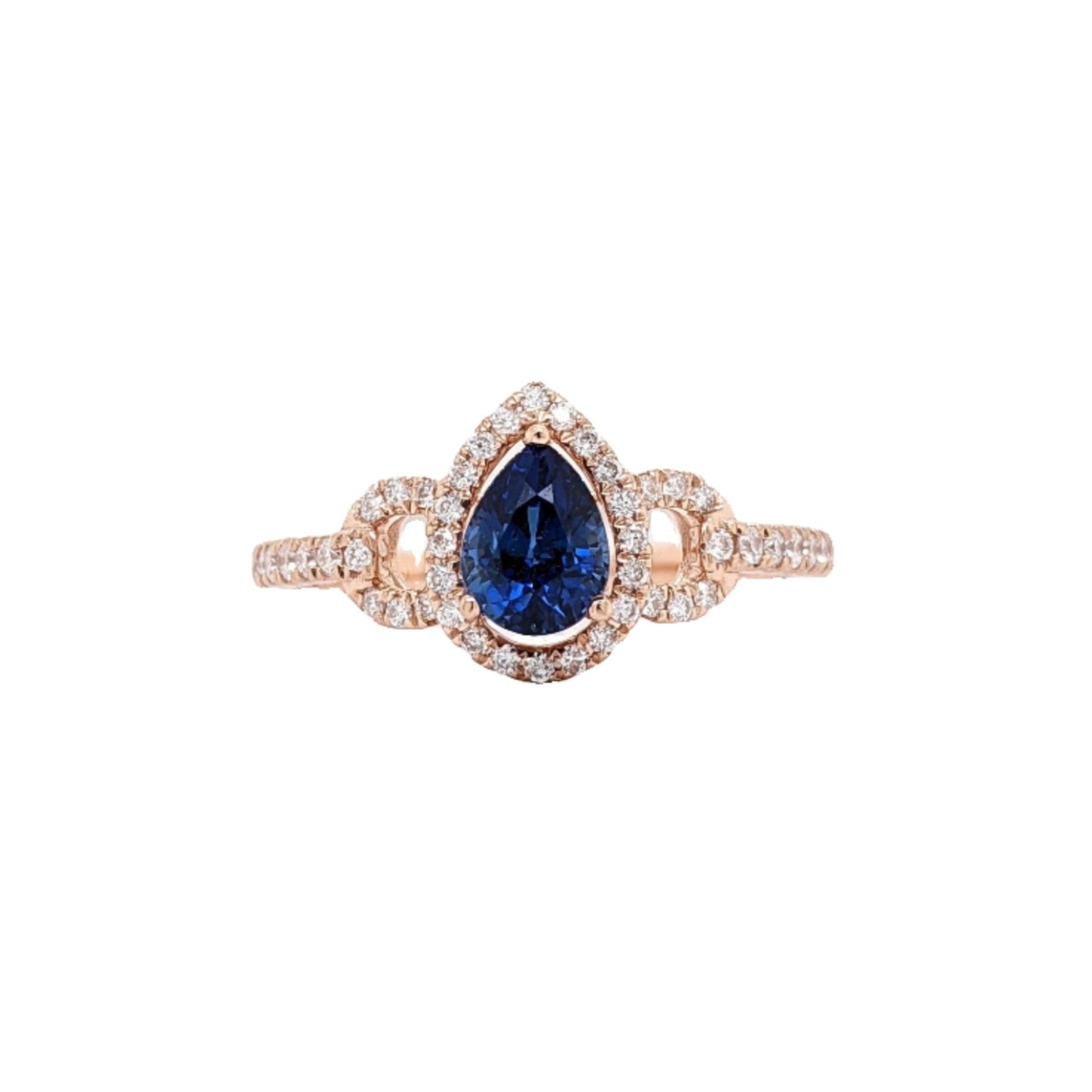 Blue Ceylon Sapphire Ring w Earth Mined Diamond in Solid 14k Rose Gold Pear 6x4