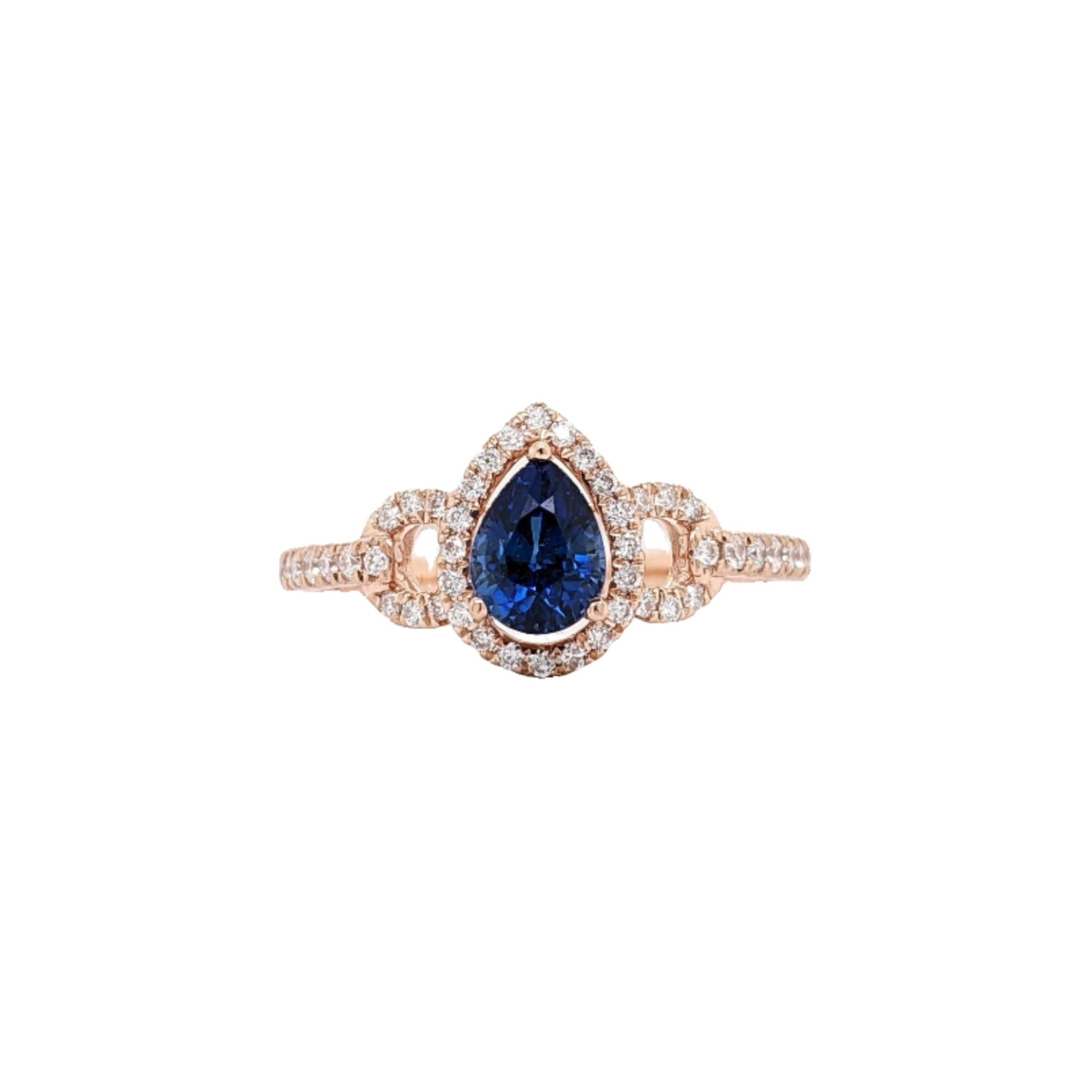 Blue Ceylon Sapphire Ring w Earth Mined Diamond in Solid 14k Rose Gold Pear 6x4