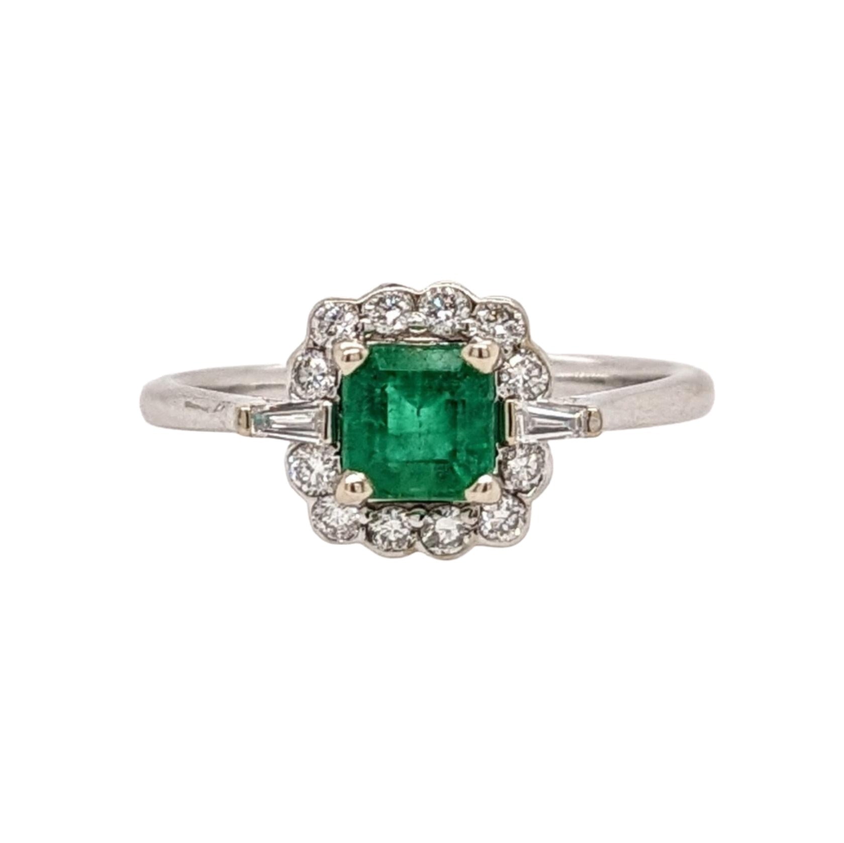 Zambian Emerald w Earth Mined Diamonds in Solid 14K White Gold EM 5mm